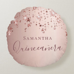 Quinceanera-Rose Goldmonogramm-Namen funkeln Rundes Kissen