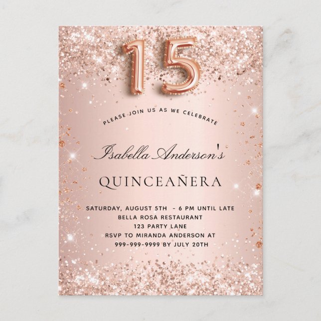Quinceanera Rose Goldrot Glitzer elegant Einladungspostkarte (Vorderseite)