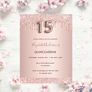 Quinceanera Rose Goldrot Rosa Einladung Postkarte
