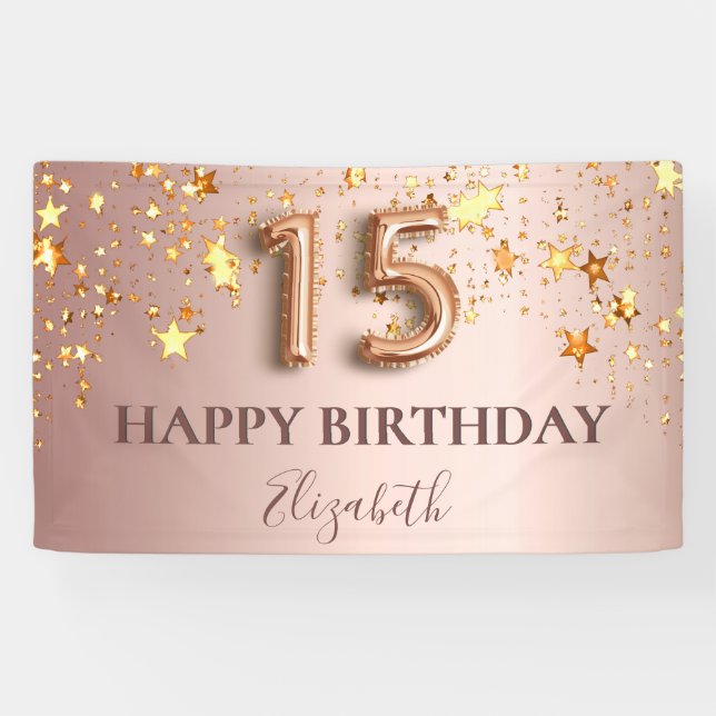 Quinceanera Rose Goldstars Rosa Ballonskript Banner (Horizontal)