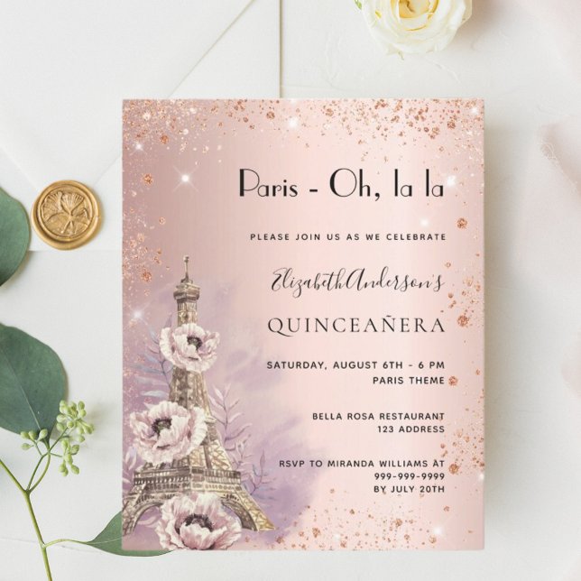 Quinceanera Rose Paris Eiffelturm Einladung (Von Creator hochgeladen)