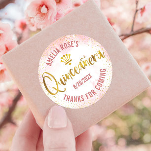 Quinceañera Rosé Pink Wasserfarbe Goldfolie Mädche Runder Aufkleber