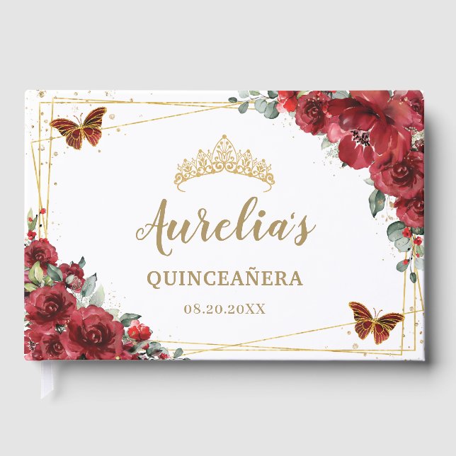 QUINCEAÑERA Rose Rote Flora Goldbarren Gästebuch (Vorderseite)