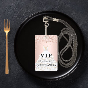 Quinceanera Rosen-Gold-Blush Glitterstaub Name VIP Ausweis