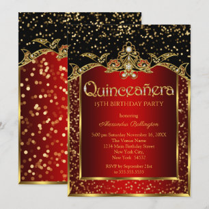 Quinceanera Rot Gold Schwarz Geburtstagsfeier Einladung