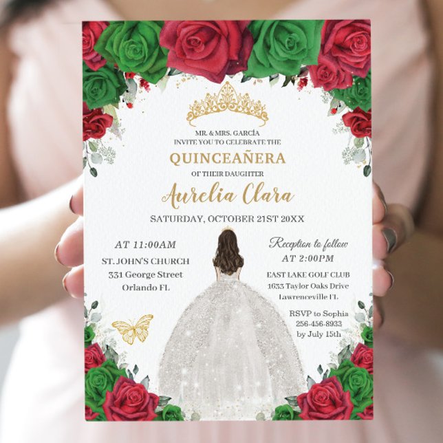 Quinceañera Rot Grüne Blumenprinzessin Weißes Klei Einladung (Von Creator hochgeladen)