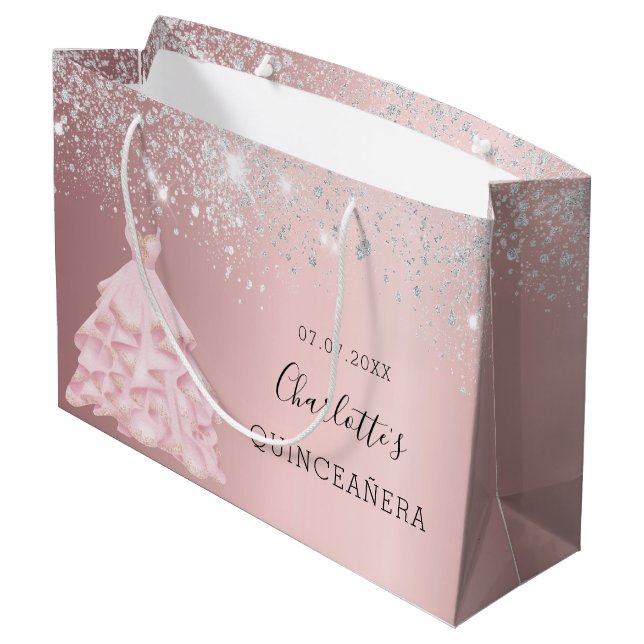 Quinceanera rot Rosa silber Glitzer Kleid Glattled Große Geschenktüte (Rückseite Schrägansicht)