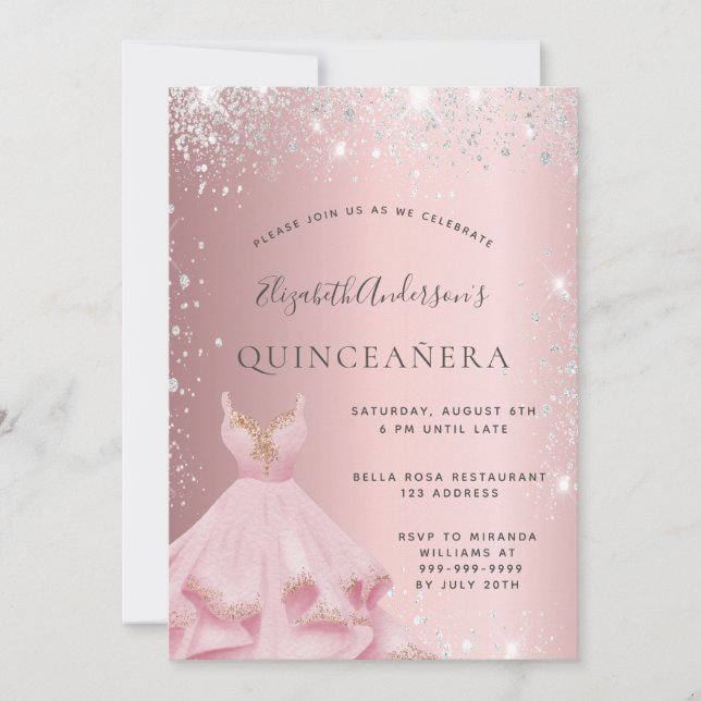 Quinceanera rot Rosa silber Glitzer Staub Kleid Einladung (Vorderseite)