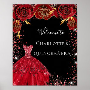 Quinceanera-rot-schwarzes Kleid Blumen Willkommen Poster