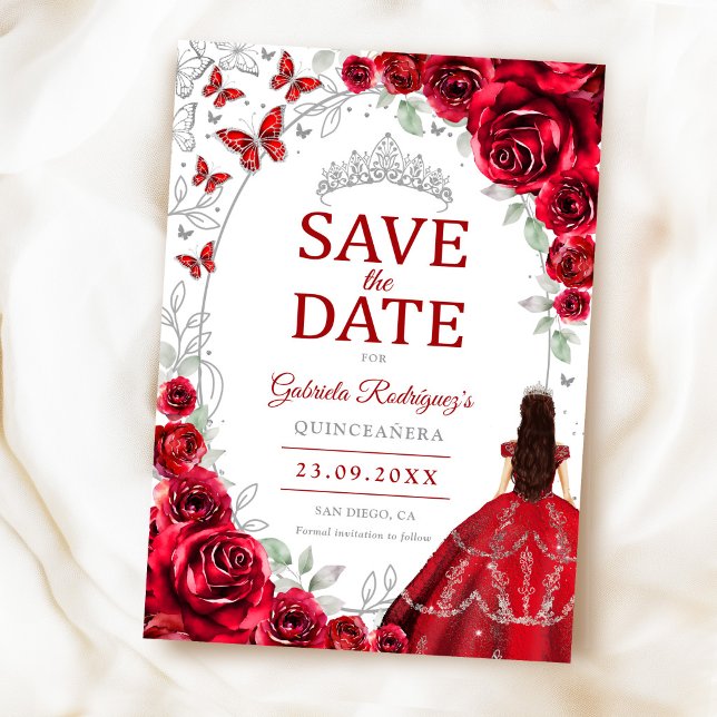 Quinceanera Rot Silber Blumen Save The Date (Von Creator hochgeladen)