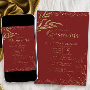 Quinceanera Rot und Gold Blatt Elegant Einladung