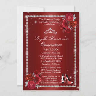 Quinceanera Rot und Silver Floral Elegant Einladung