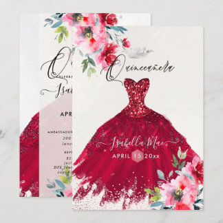 Quinceanera Rotbarsch Wasserfarbene Blume Einladung