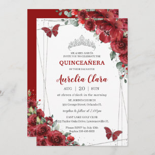 Quinceañera Rote Blume Blütensilber-Schmetterling Einladung