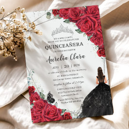 Quinceañera Rote Flora Schwarzes Kleid Silberkrone Einladung