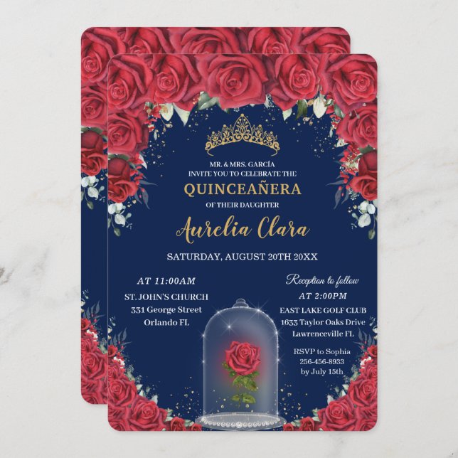 Quinceañera Rote Flora Verzauberte Rose Navy Blue Einladung (Vorne/Hinten)