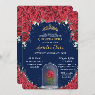 Quinceañera Rote Flora Verzauberte Rose Navy Blue Einladung