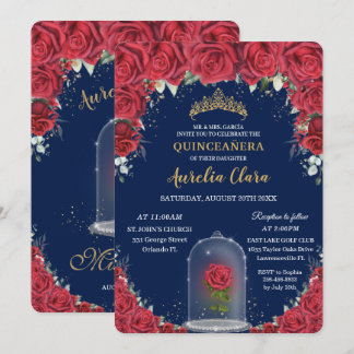 Quinceañera Rote Flora Verzauberte Rose Navy Blue Einladung