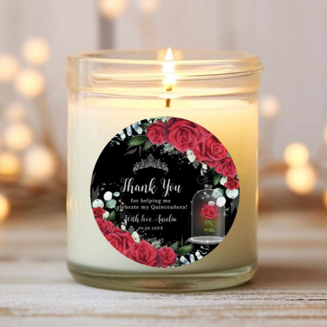 Quinceañera Rote Flora Verzauberte Rose Schwarz Runder Aufkleber (Von Creator hochgeladen)