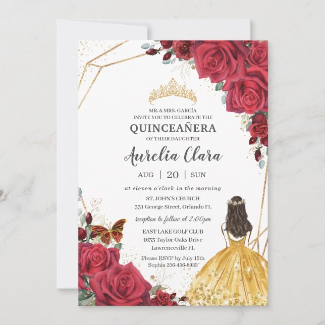 Quinceañera Rote Rose Blumengelbe Kleidung Prinzes Einladung (Vorderseite)