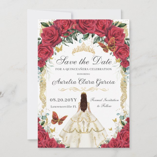 Quinceañera Rote Rose Floral White Elfenbeinkleid  Save The Date (Vorderseite)