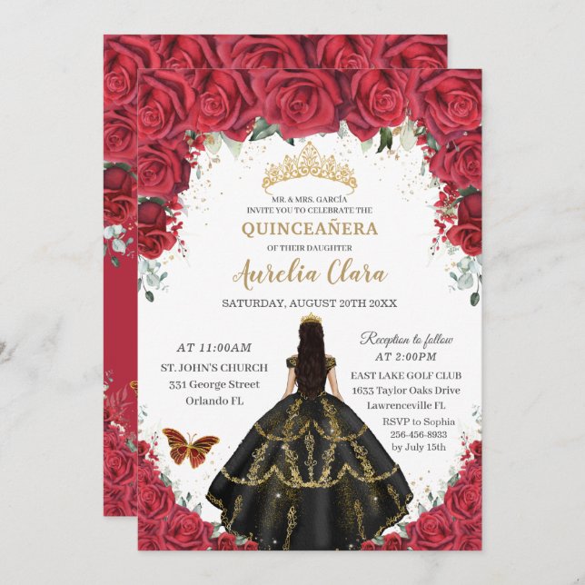 Quinceañera Rote Rosen Blume Schwarzes Kleid Gold Einladung (Vorne/Hinten)