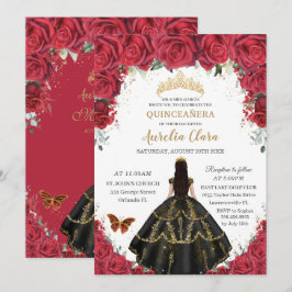 Quinceañera Rote Rosen Blume Schwarzes Kleid Gold Einladung