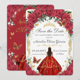 Quinceañera Rote Rosen Blumendress Gold Butterfly Save The Date
