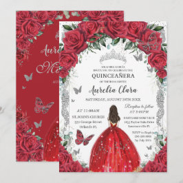 Quinceañera Rote Rosen Blumendruckkleid Silver Einladung