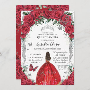 Quinceañera Rote Rosen Blumendruckkleid Silver Einladung