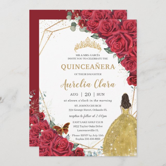 Quinceañera Rote Rosen Blumengelbe Prinzessin Einladung (Vorne/Hinten)