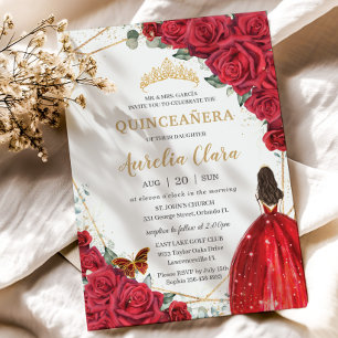 Quinceañera Rote Rosen Blumengold Prinzessin Crown Einladung