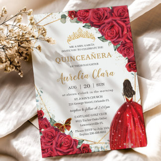 Quinceañera Rote Rosen Blumengold Prinzessin Crown Einladung