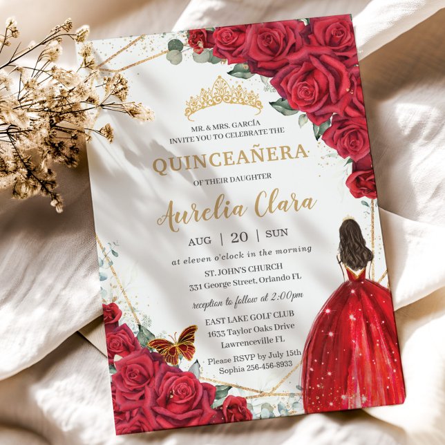 Quinceañera Rote Rosen Blumengold Prinzessin Crown Einladung (Von Creator hochgeladen)