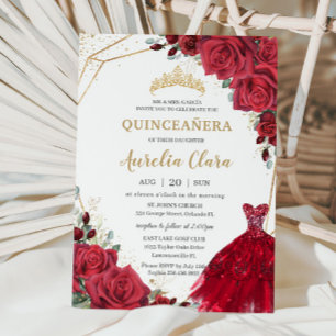 Quinceañera Rote Rosen Blumengolddruckkleid Einladung