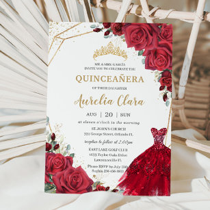 Quinceañera Rote Rosen Blumengolddruckkleid Einladung