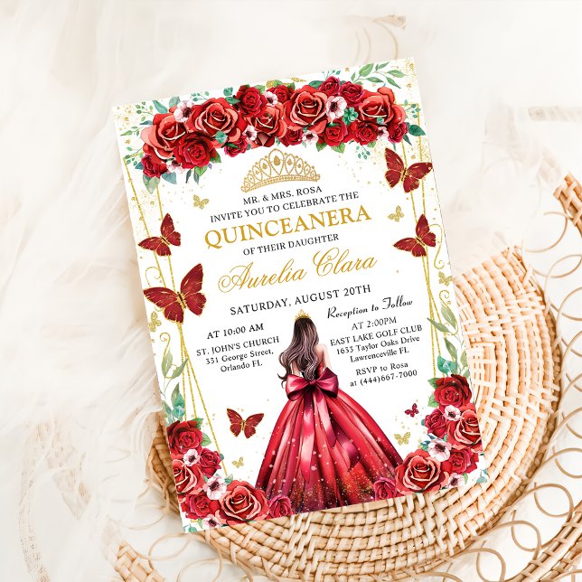 Quinceañera Rote Rosen Blumenprinzessin Butterflie Einladung (Von Creator hochgeladen)