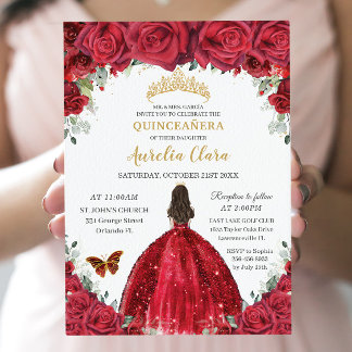 Quinceañera Rote Rosen Blumenprinzessin Gown Gold Einladung