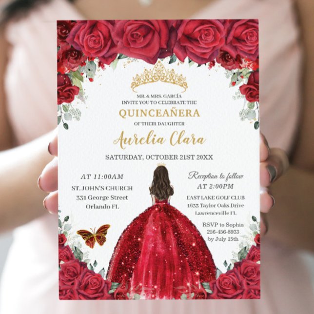 Quinceañera Rote Rosen Blumenprinzessin Gown Gold Einladung (Von Creator hochgeladen)