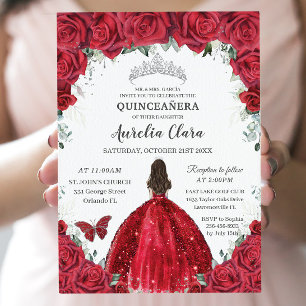 Quinceañera Rote Rosen Blumenprinzessin Gown Silve Einladung