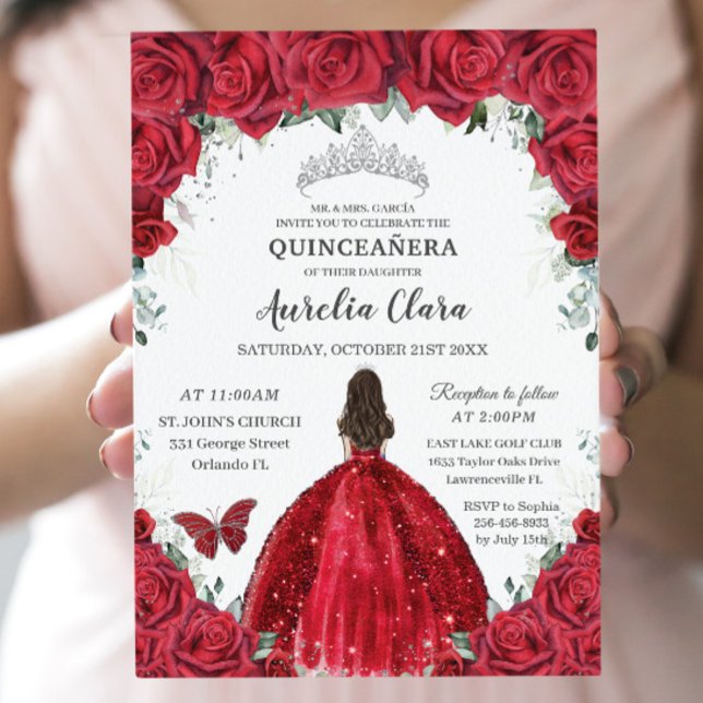 Quinceañera Rote Rosen Blumenprinzessin Gown Silve Einladung (Von Creator hochgeladen)