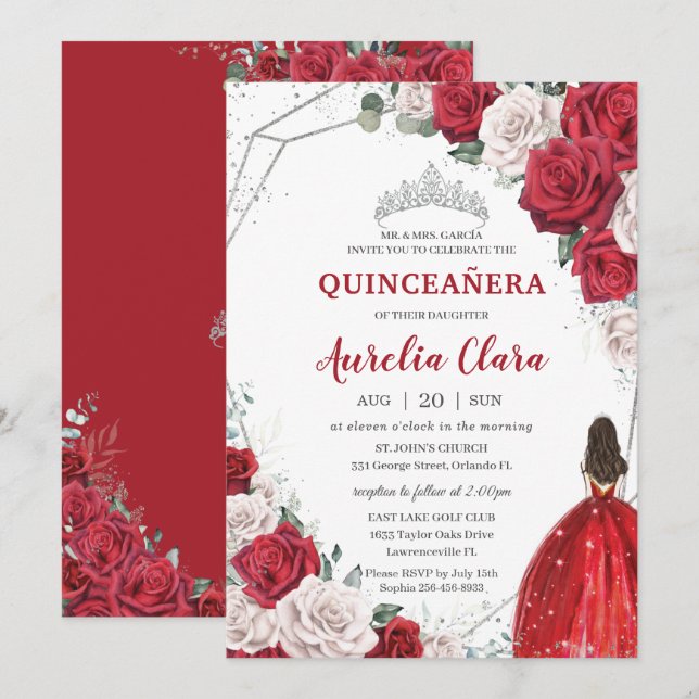 Quinceañera Rote Rosen Blumenprinzessin Silver Cro Einladung (Vorne/Hinten)