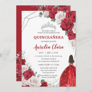 Quinceañera Rote Rosen Blumenprinzessin Silver Cro Einladung