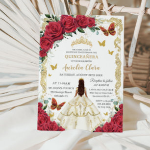 Quinceañera Rote Rosen Blumenrinnen Elfenbeindruck Einladung