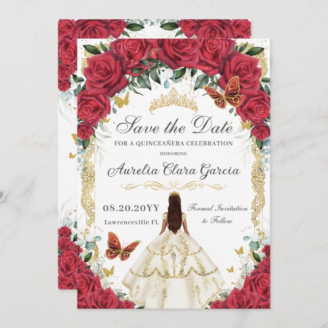 Quinceañera Rote Rosen Blumenweißes Kleid Gold Save The Date (Vorne/Hinten)