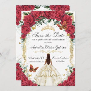 Quinceañera Rote Rosen Blumenweißes Kleid Gold Save The Date