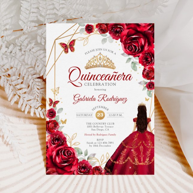 Quinceanera Rote Rosen Dress Gold Einladung (Von Creator hochgeladen)