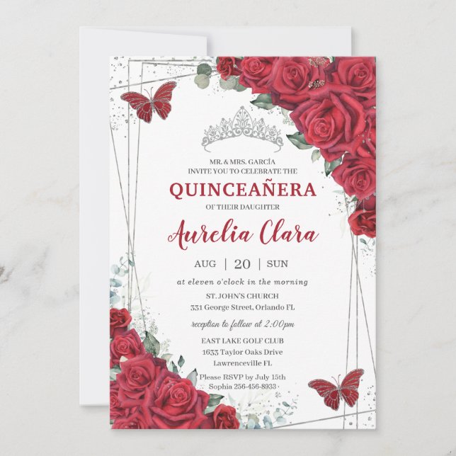 Quinceañera Rote Rosen Floral Silver Princess Crow Einladung (Vorderseite)