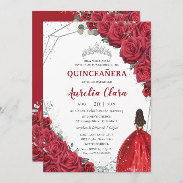 Quinceañera Rote Rosen Floral Silver Princess Tiar Einladung (Vorne/Hinten)
