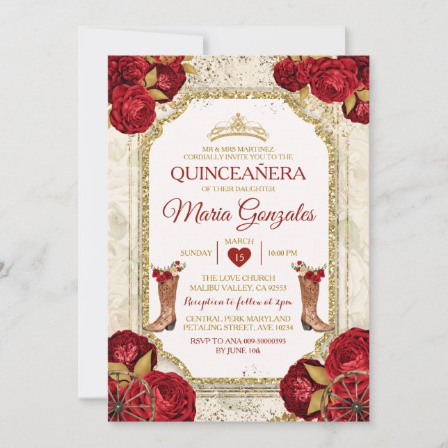 Quinceañera Rote Rosen & Gold Crown Mexikos Einladung (Vorderseite)